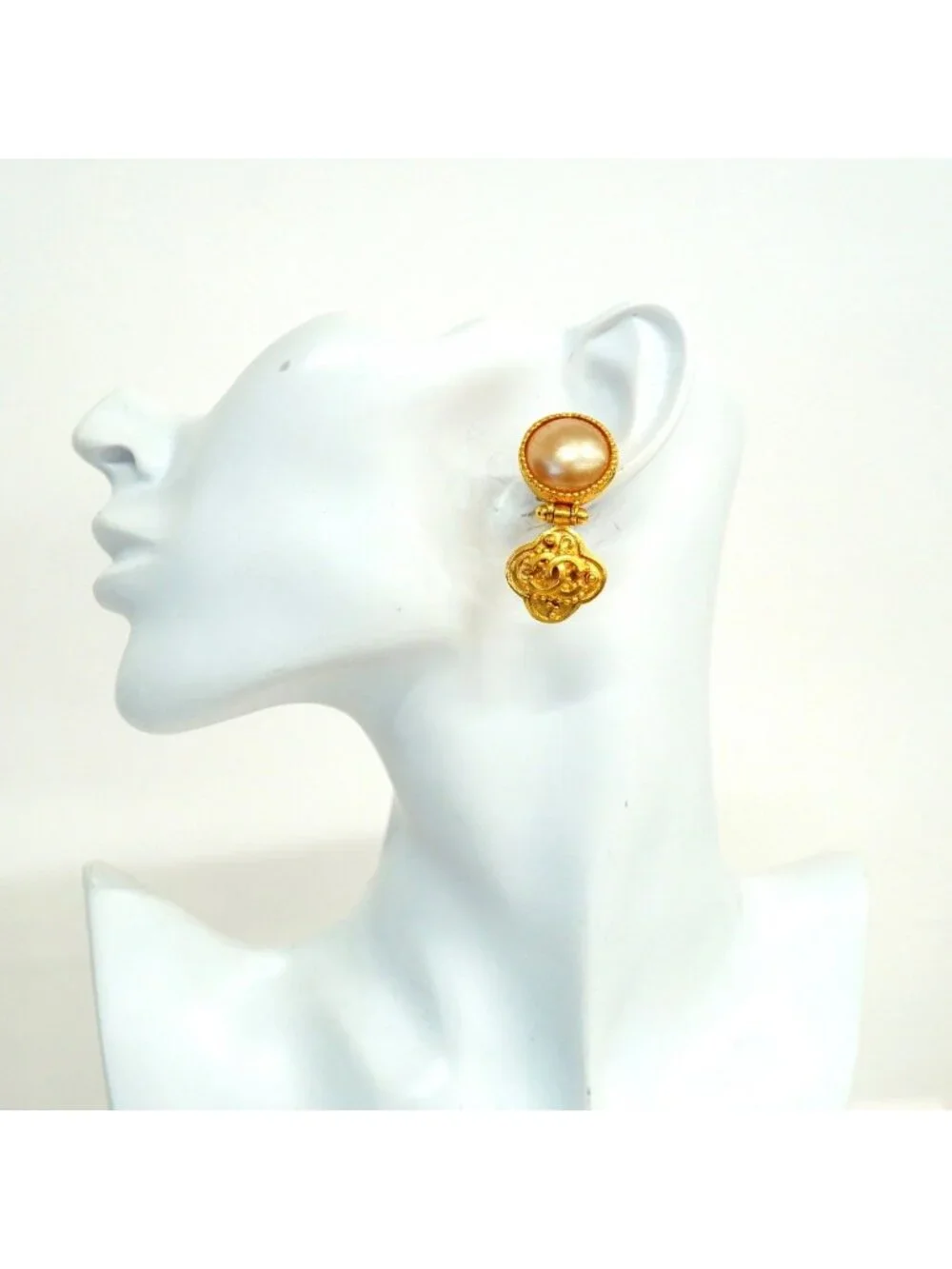 Chanel Earrings Vintage CC Logo Gold Plated Faux Pearl